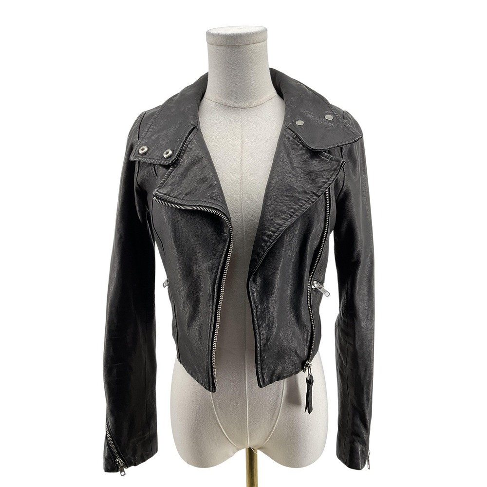 Mackage Jacket Womens XXS/TP Black Leather Biker Slim Collared Zippered